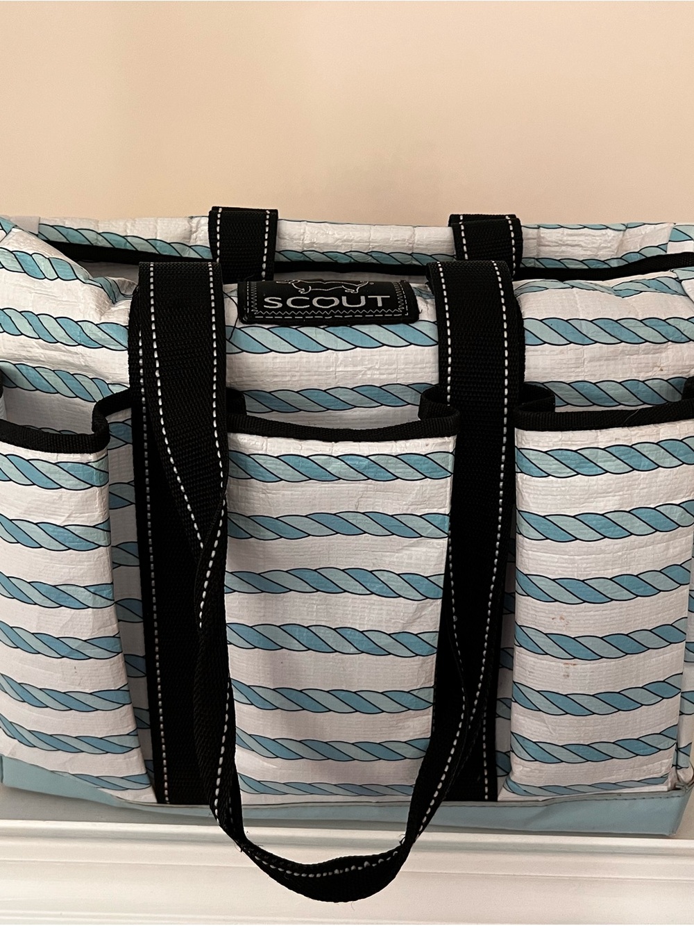 Scout Striped Rope-Print Tote in Light Blue and White with Black Handles
